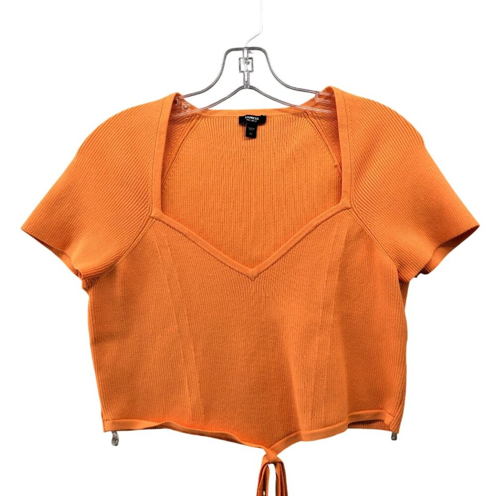 Express Body Contour Crop Top Womens XL Orange‎ Tie Waist Short Sleeve Knit